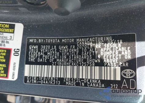 2019 Toyota Corolla Le из США, поврежденный, VIN 2T1BURHEXKC125758